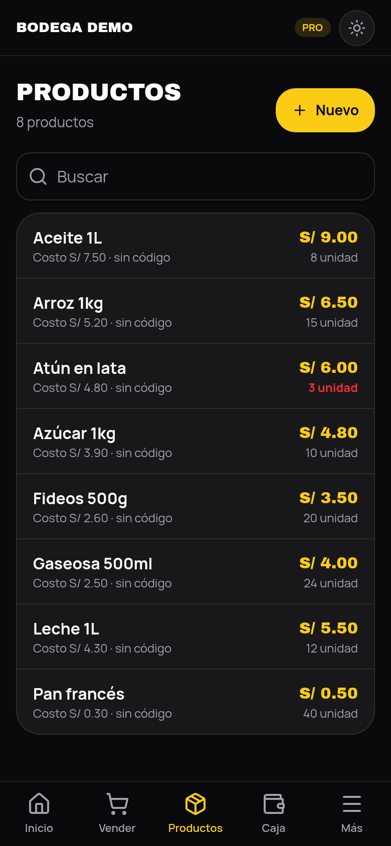 Pantalla real de Productos en MAECA 2